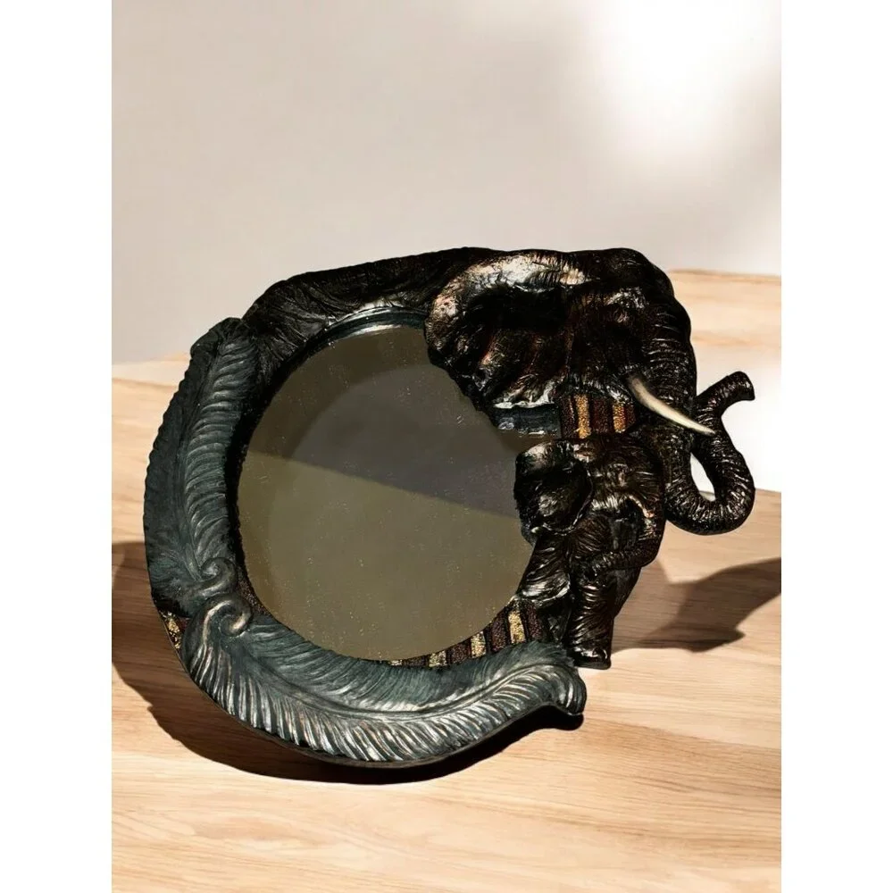 African Elephant-Inspired Decorative Mirror With Carved Frame